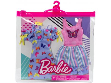 COFFRET DE 2 TENUES MODE : ROBE PAPILLON + SHORT ET TOP ROSE + CHAUSSURE POUR POUPEE BARBIE - VETEMENT - HABIT - MATTEL - HBV68