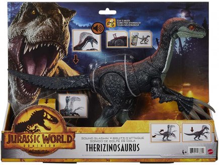 COFFRET DINOSAURE THERIZINOSAURUS 40 CM - ARTICULE + BRUITAGE ATTAQUE - DINO DOMINION - JURASSIC WORLD - MATTEL GWD65