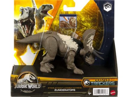 COFFRET DINOSAURE TRACKERS ZUNICERATOPS - DINO COMBAT EXTREME ARTICULE BRUN 19 CM - JURASSIC WORLD - MATTEL