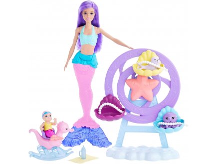 Coffret dreamtopia barbie sir?ne basysitter avec bebe sir?ne + 3 animaux marins + man?ge - poup?e mannequin - Mattel - hlc30