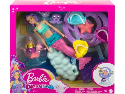 COFFRET DREAMTOPIA BARBIE SIRENE BASYSITTER AVEC BEBE SIRENE + 3 ANIMAUX MARINS + MANEGE - POUPEE MANNEQUIN - MATTEL - HLC30