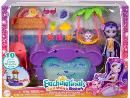 COFFRET ENCHANTIMALS SUNSHINE BEACH : PISCINE EN FORME DE SINGE + POUPEE ET ANIMAL - FIGURINE 15 CM - 10 PIECES - MATTEL HTW73