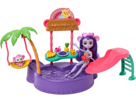 Coffret enchantimals sunshine beach : piscine en forme de singe + poupee et animal - figurine 15 cm - 10 pieces - Mattel htw73