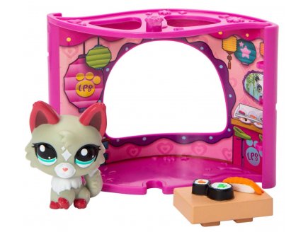 Coffret Littlest Petshop Boutique Tokyo Sushi Café + chat gris + accessoires - 1 figurine Pet shop G7 25 - Animal domestique - Bandai