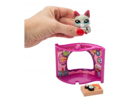 Coffret Littlest Petshop Boutique Tokyo Sushi Café + chat gris + accessoires - 1 figurine Pet shop G7 25 - Animal domestique - Bandai