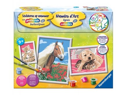 COFFRET NUMERO D'ART 3 TABLEAUX ANIMAUX : CHATONS, CHIEN & CHAT, CHEVAL - RAVENSBURGER - 28508 - PEINTURE