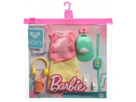 COFFRET TENUE VACANCE : JUPE JAUNE ET TOP ROSE + CASQUETTE ET ACCESSOIRES POUR POUPEE BARBIE - VETEMENT - HABIT - MATTEL - GRD60