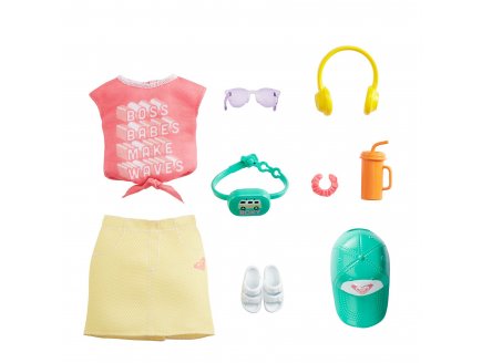 Coffret tenue vacance : jupe jaune et top rose + casquette et accessoires pour poupee barbie - vetement - habit - Mattel - grd60