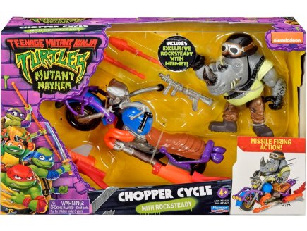 Coffret Tortues Ninja Moto de combat Chopper avec figurine Rocksteady 12 cm + 3 accessoires - TMNT - Turtles Mutant Mayhen - Giochi Preziosi