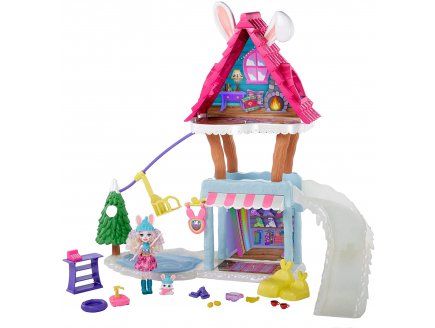 Enchantimals chalet des neiges + poupee bevy et jump le lapin - figurine 15 cm - animal - Mattel gjx50