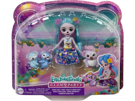 Enchantimals Glam Party poupée Karalee Koala et Bloke + 2 bébés koala - Figurine 15 cm - Animal - Mattel HNT61