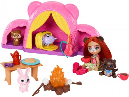 Enchantimals le camping : poupe ours biloxi et trail - 12 pices - Mattel - htw71
