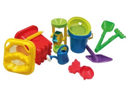 ENSEMBLE DE PLAGE 11 PIECES AVEC SEAUX, MOULIN A SABLE ET EAU - PLASTIQUE - JEUX PLEIN AIR