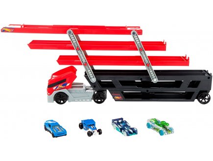 HOT WHEELS MEGA CAMION TRANSPORTEUR 43.5 CM AVEC 6 PANNEAUX DE STATIONNEMENT + 4 VOITURES - MATTEL - FPM81