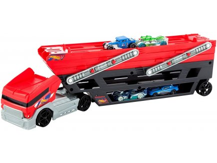 Hot wheels mega camion transporteur 45 cm avec 6 panneaux de stationnement + 4 voitures - Mattel - fpm81