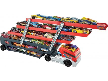 Hot wheels mega camion transporteur 45 cm avec 6 panneaux de stationnement + 4 voitures - Mattel - fpm81