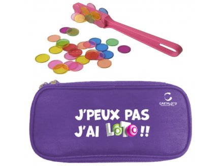 Kit loto bingo 3 en 1 : trousse Mauve + baton magnetique rose + 100 pions - Cartaloto - accessoires jeu, materiel