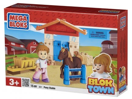 L ECURIE AVEC PONEY ET FFIGURINE - 16 PIECES  - BLOK TOWN - MEGA BLOKS - 361 - JEU DE CONSTRUCTION