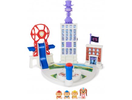 La super pat patrouille le film : le quartier general dans la ville mr hellinger + 4 figurines : pat patrouille junior + liberty  - paw patrol tour de controle