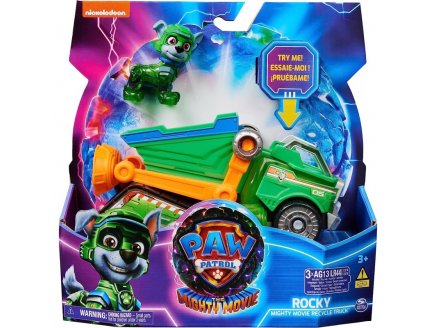 LA SUPER PAT PATROUILLE LE FILM : ROCKY ET CAMION POUBELLE SON ET LUMIERE - FIGURINE CHIEN - VEHICULE DE LUXE - PAW PATROL THE MIGHTY MOVIE