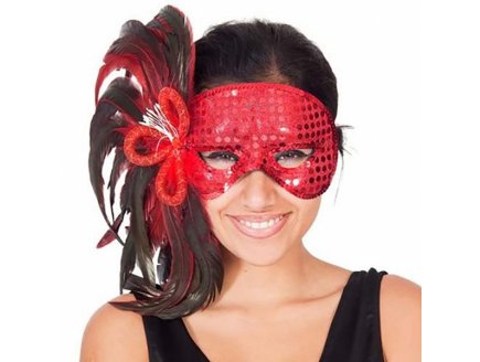 LOUP VENITIEN ROUGE AVEC PLUMES NOIRES ADULTE - ACCESSOIRE MASQUE DEGUISEMENT