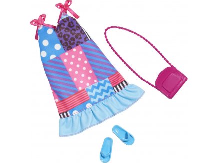 MATTEL - HBV36 - HABIT BARBIE - ACCESSOIRE POUPEE - ROBE BLEUE ET ROSE + SAC A MAIN + CLAQUETTE - VETEMENT POUPEE