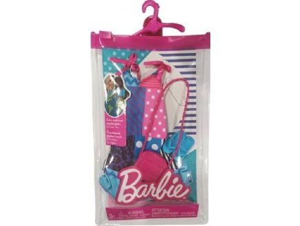 Mattel - hbv36 - habit barbie - accessoire poupee - robe bleue et rose + sac a main + claquette - vetement poupee