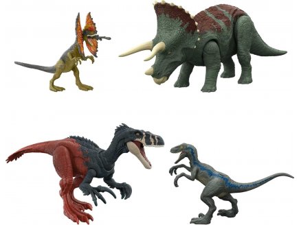 PACK JURASSIC WORLD : 4 DINOSAURES : VELOCIRAPTOR BLUE MEGARAPTOR TRICERATOPS ET DILOPHOSAURUS - DINO - MATTEL HJJ85