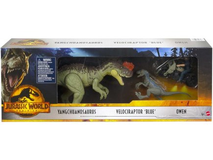 PACK JURASSIC WORLD : DINOSAURE VELOCIRAPTOR BLUE YANGCHUANOSAURUS + OWEN + MOTO - FIGURINE - DINO - MATTEL HLP79