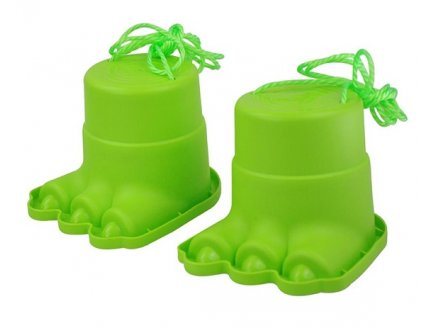 PAIRE D'ECHASSES PATTES DE MONSTRE DINO VERT - BOITES SABOTS - JEU EQUILIBRE ENFANT