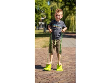 Paire d'echasses pattes de monstre dino vert - boites sabots - jeu equilibre enfant