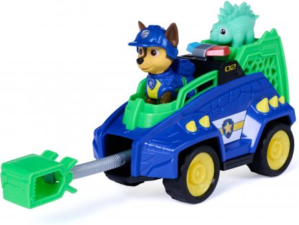 Pat Patrouille le Film Mission Dino : Chase avec voiture de police et b�b� St�gosaure - figurine chien + Dinosaure - v�hicule