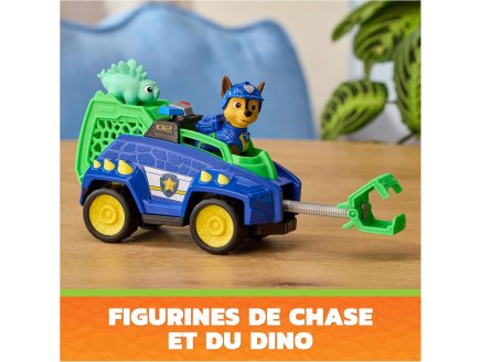 Pat Patrouille le Film Mission Dino : Chase avec voiture de police et b�b� St�gosaure - figurine chien + Dinosaure - v�hicule