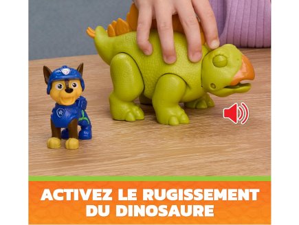 Pat Patrouille le Film Mission Dino : Chase et Stégosaure Rugissant - Figurine chien + Dinosaure