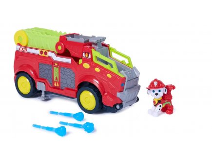 Pat Patrouille le Film Mission Dino : Marcus avec camion de Pompier de luxe 25 cm - figurine chien - Véhicule Mission Dinosaure