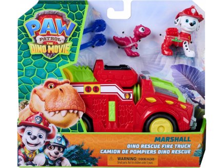 Pat Patrouille le Film Mission Dino : Marcus avec camion de Pompier et bébé T-Rex - figurine chien + Dinosaure - Véhicule
