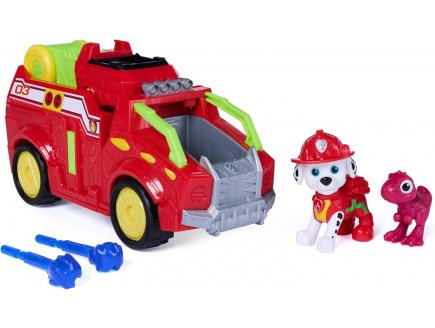 Pat Patrouille le Film Mission Dino : Marcus avec camion de Pompier et b�b� T-Rex - figurine chien + Dinosaure - V�hicule