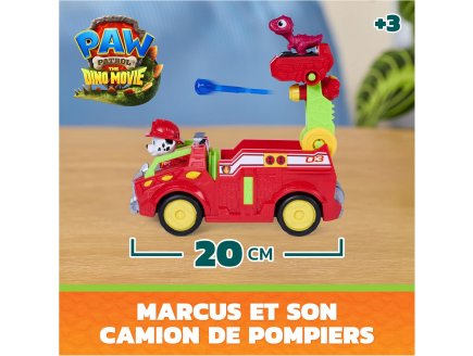 Pat Patrouille le Film Mission Dino : Marcus avec camion de Pompier et b�b� T-Rex - figurine chien + Dinosaure - V�hicule