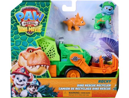 Pat Patrouille le Film Mission Dino : Rocky avec camion de recyclage et bébé Triceratops - Figurine chien + Dinosaure - Véhicule