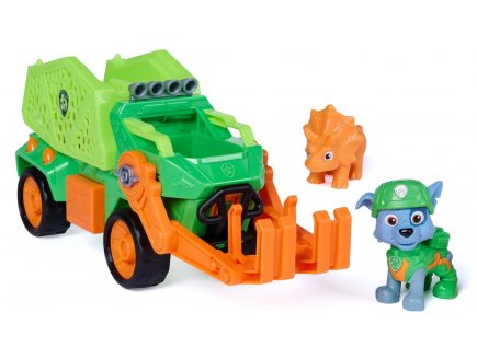 Pat Patrouille le Film Mission Dino : Rocky avec camion de recyclage et bébé Triceratops - Figurine chien + Dinosaure - Véhicule