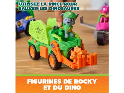 Pat Patrouille le Film Mission Dino : Rocky avec camion de recyclage et bébé Triceratops - Figurine chien + Dinosaure - Véhicule