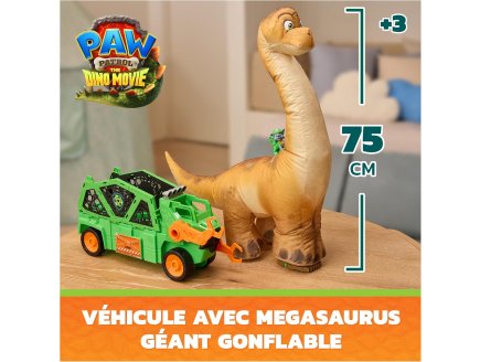 Pat Patrouille le Film Mission Dino : Rocky et grand camion de recyclage et brachiosaure 75 cm - Figurine chien + Dinosaure - Véhicule