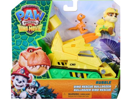 Pat Patrouille le Film Mission Dino : Ruben avec Bulldozer et bébé T-rex - figurine chien + Dinosaure - véhicule