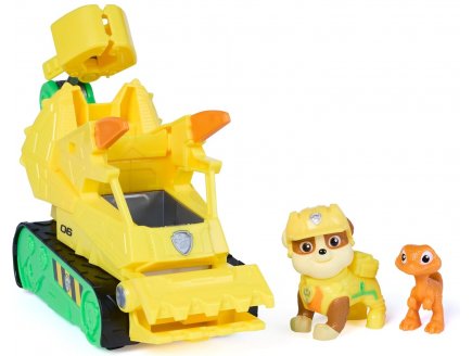 Pat Patrouille le Film Mission Dino : Ruben avec Bulldozer et bébé T-rex - figurine chien + Dinosaure - véhicule