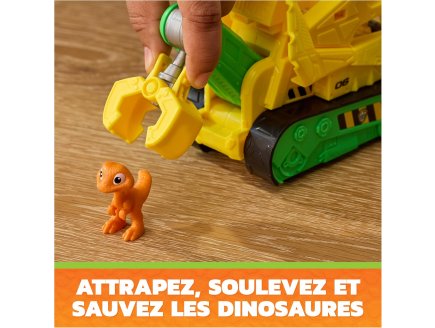 Pat Patrouille le Film Mission Dino : Ruben avec Bulldozer et bébé T-rex - figurine chien + Dinosaure - véhicule