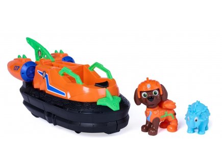 Pat Patrouille le Film Mission Dino : Zuma avec Hovercraft et b�b� Ankylosaurus - Figurine chien + Dinosaure - V�hicule
