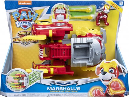 PAT PATROUILLE MARCUS AVEC CAMION POMPIER TRANSFORMABLE - FIGURINE CHIEN - PAW PATROL MIGHTY PUPS SUPER PAWS - SPIN MASTER