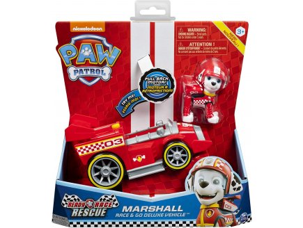 PAT PATROUILLE MARCUS ET SA VOITURE DE COURSE A RETROFRICTION ET SONORE - FIGURINE CHIEN - PAW PATROL READY RACE RESCUE 20119527