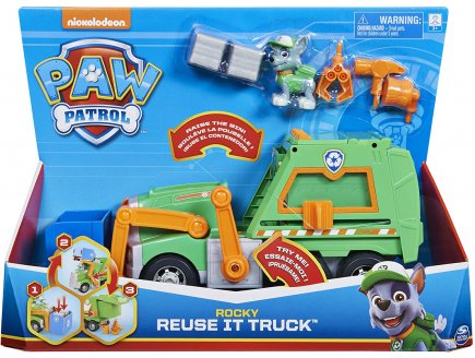 PAT PATROUILLE ROCKY AVEC GRAND CAMION DE RECYCLAGE TRANSFORMABLE - FIGURINE CHIEN - PAW PATROL - SPIN MASTER