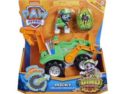 PAT PATROUILLE ROCKY AVEC SON CAMION DE RECYCLAGE + DINOSAURE MYSTERE - FIGURINE CHIEN - PAW PATROL DINO RESCUE